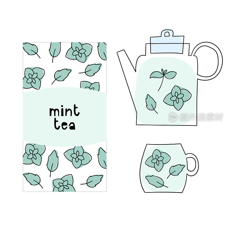Peppermint tea packaging design, teapot, cup. Hand drawn doodle illustration of healthy hot drink.